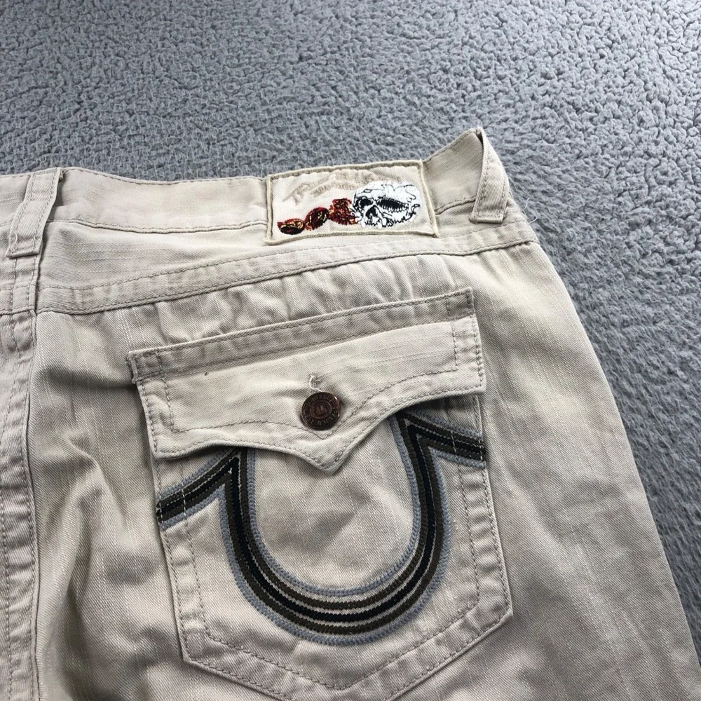 Vintage True Religion Jeans Mens 42x32 Tan Y2K Straight Skull Patch Made In USA